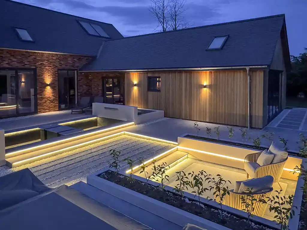 Garden lighting for landscaped garden in North Tuddenham, Norfolk.
