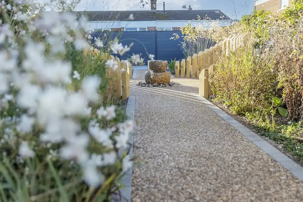 A resin pathway in a Norwich landscaped garden
